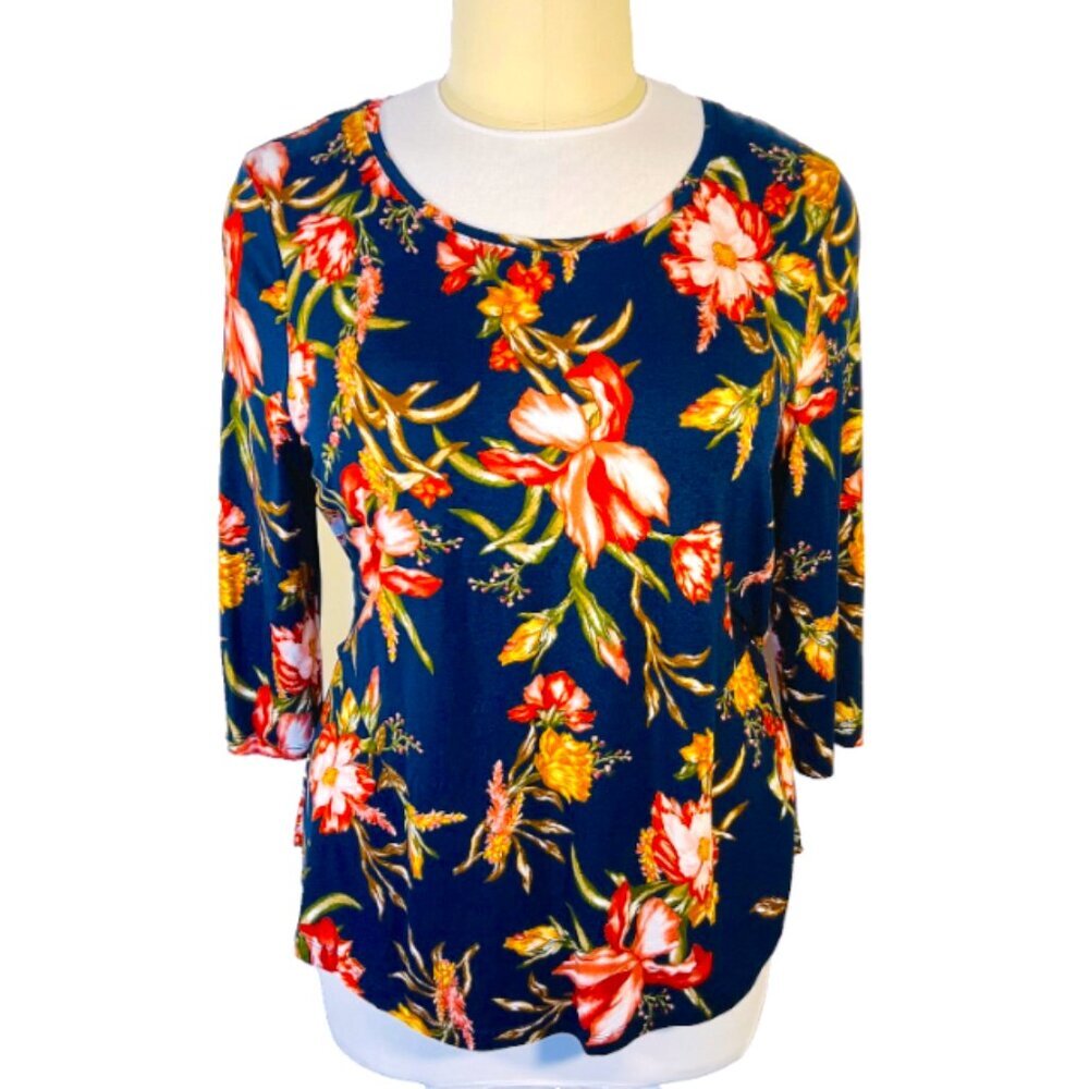 JM Collection Blouse Women's L Red and Gold over Navy Blue Floral Chintz 3/4 Slv